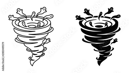 Photos Spooky Whirlwind: A stylized depiction of a swirling tornado, with playful ghosts caught in its vortex, representing a chaotic and fun natural phenomenon