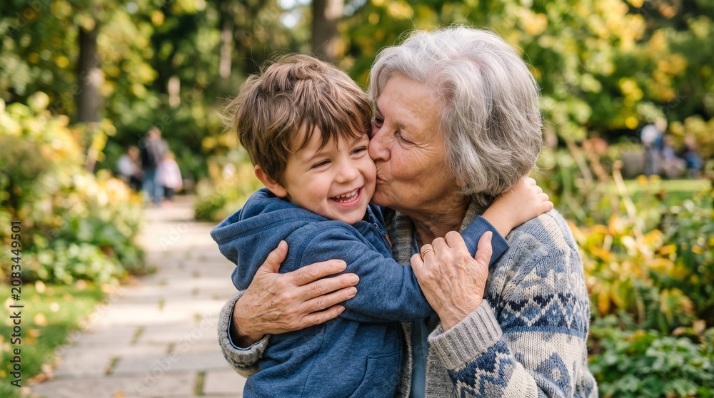 Fototapeta premium A sweet moment captured as a caring grandmother plants a kiss on her grandson's cheek, surrounded by the vibrant beauty of an autumn park.