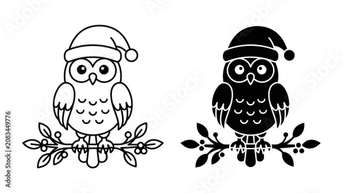 Christmas Owl Duo: Two adorable owls, one in outline and one in silhouette, wear Santa hats while perched on a festive branch adorned with berries. A charming representation of holiday cheer.