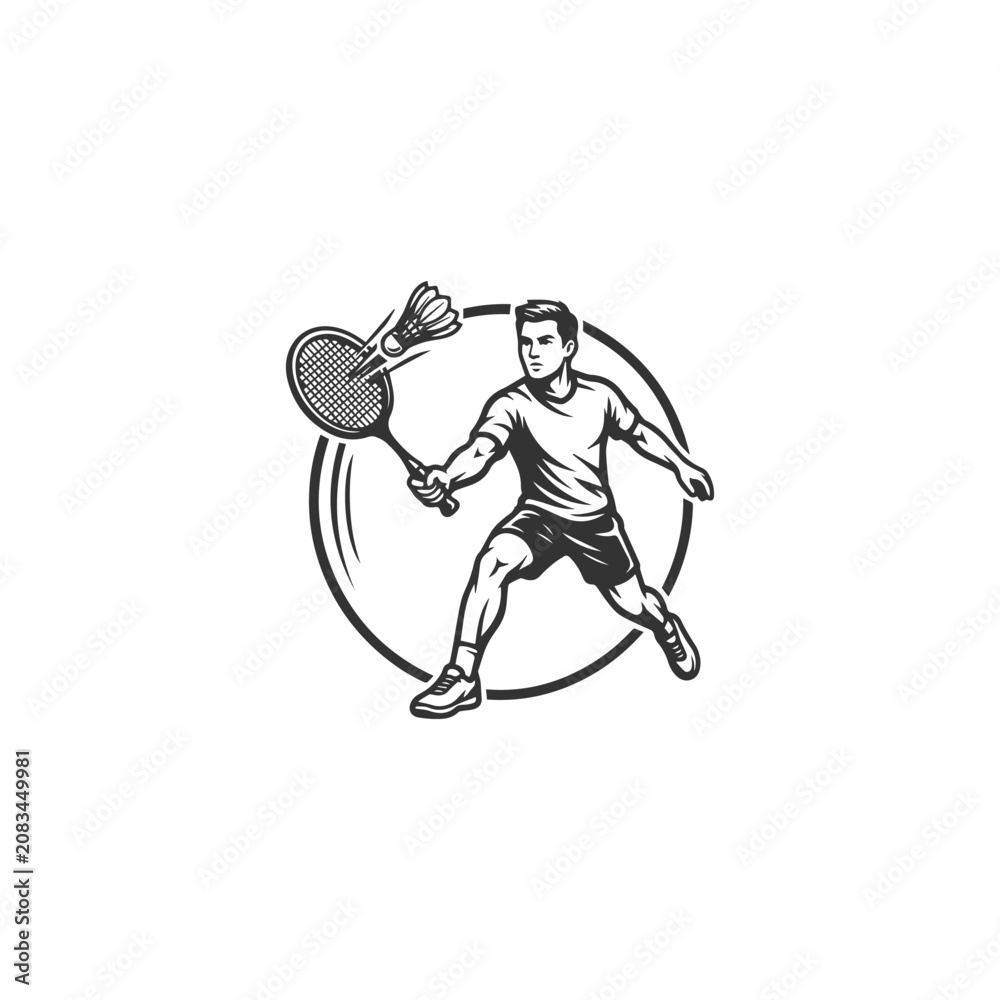 Fototapeta premium Badminton Player Mascot Logo with Racket and Shuttlecock, Modern Monochrome Sports Emblem Vector