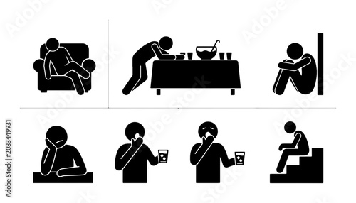 Obraz na plátně Sadness and Despair Stick Figures, Emotional States Collection: Loneliness, Bore