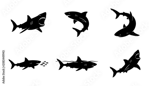 Bilde på lerret Shark Silhouettes Vector Pack: Aggressive Predator Poses, Ocean Wildlife Icons,