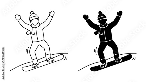 Photography Snowboarder Silhouette and Outline: Two graphic illustrations depict a snowboarder in action, one as a black silhouette and the other as a white line drawing, both capturing the thrill of the sport
