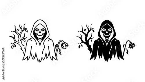 Photos Grim Reaper Illustration: A stark, symbolic illustration of the Grim Reaper, cloaked and hooded with a skeletal face, stands beside a dead rose and a barren tree