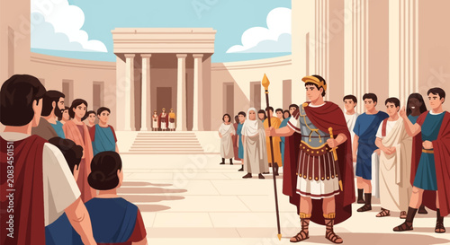 Vector art of a Roman emperor in armor and red cape holding a spear before citizens at an ancient temple or forum featuring marble columns and a clear sky background.