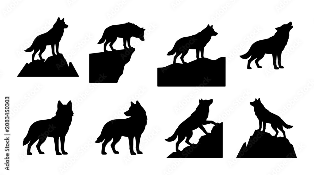 Fototapeta premium Wolf Silhouettes Collection: Wild Canine Poses, Nature Elements, Graphic Vector Set for Wildlife Design