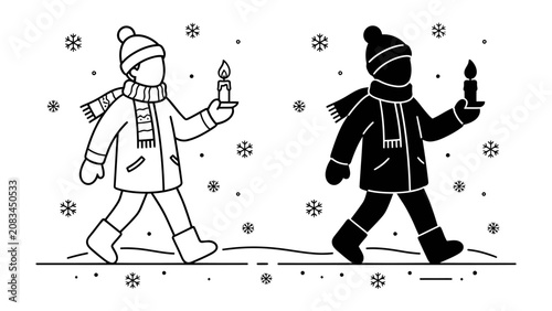 Winter Candlelight Procession: A child dressed warmly in a hat and scarf walks through falling snow, holding a candle, symbolizing hope and tradition during winter.