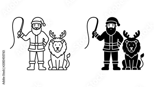 Christmas Circus Performer and Lion Duo: A stylized depiction of a circus ringmaster, resembling Santa Claus, stands beside a majestic lion with impressive antlers, holding a whip.