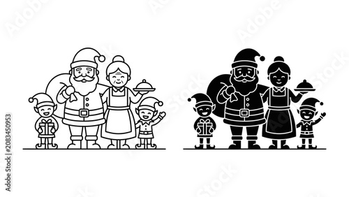 Christmas Family Illustration: A charming cartoon illustration depicts Santa Claus, Mrs. Claus, and two cheerful elves, celebrating the holiday season with gifts and food.