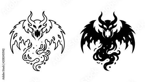 Obraz na plátně Hellish Creature: A menacing creature with horns and wings, depicted in both outline and solid black, emanates an ethereal, smoky aura
