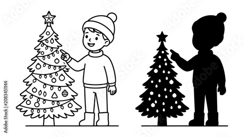 Festive Spirit: A young boy in winter attire and his silhouette admire a beautifully decorated Christmas tree, evoking warmth and holiday cheer.