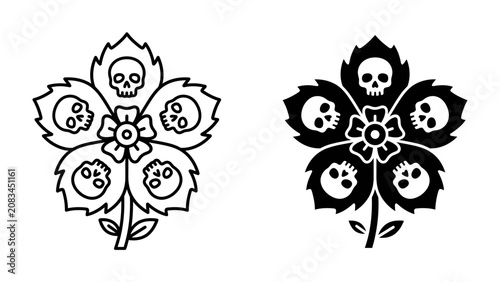 Konstfotografi Skull Flower Design: An artistic representation of a flower with skull-shaped petals, presented in both outline and silhouette forms, symbolizing mortality and nature's cycle