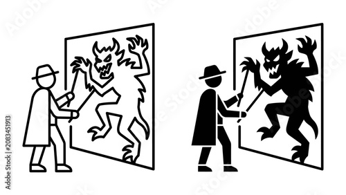 Photos Shadow Puppet Show: A person in a hat and cloak manipulates a puppet to create a shadow of a monstrous creature against a screen, illustrating the art of shadow puppetry and storytelling