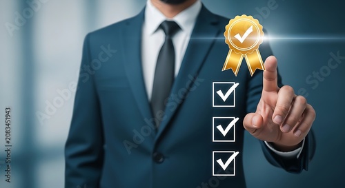Quality assurance concept with businessman touching gold medal icon, corporate excellence and standard compliance checklist, professional service guarantee