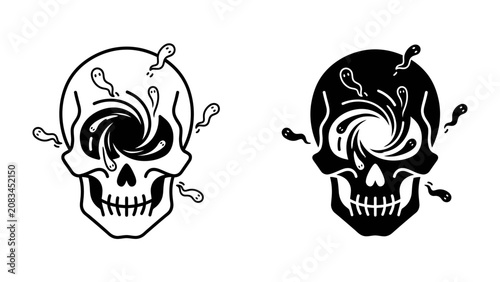 Εκτύπωση καμβά Skull with Water Splash: Two stylized skull graphics, one in outline and the other in silhouette, feature a swirling vortex in the eye sockets with water splashes around them