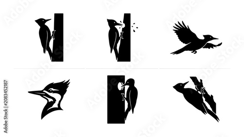 Foto Woodpecker Vector Icons Set, Black Silhouette Bird Graphics, Wildlife Nature Art