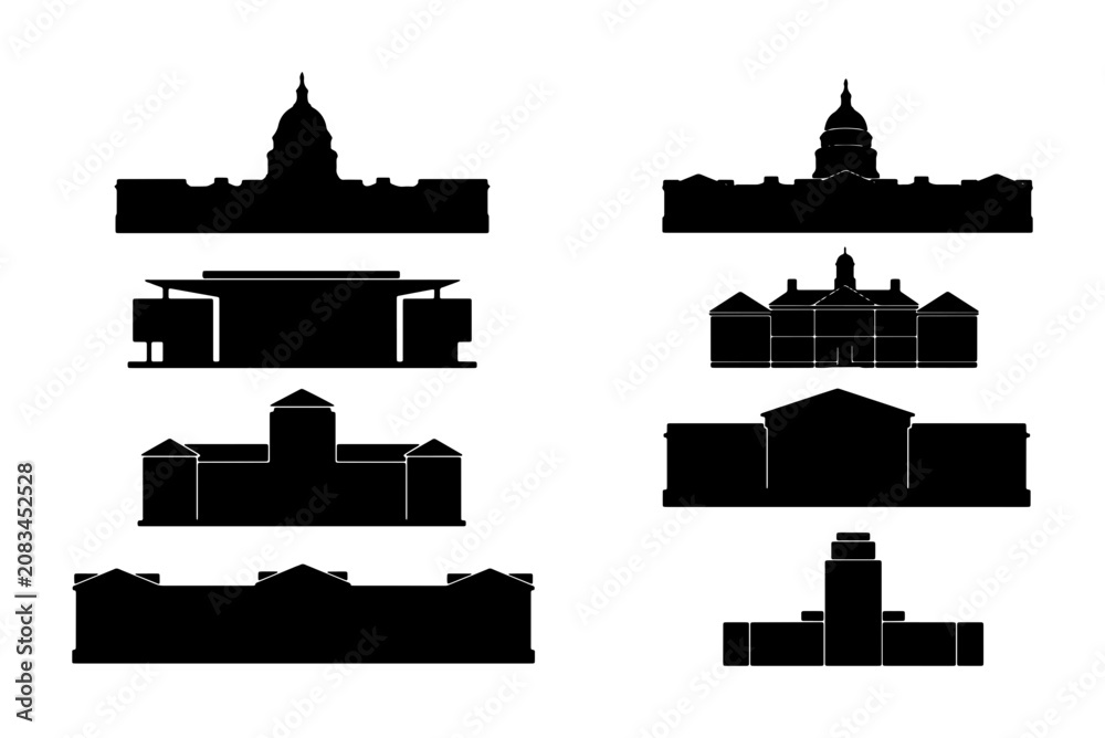 Obraz premium Government Building Silhouettes, Civic Architecture Icons, Public Institution Facades, Monumental Structures Vector Set
