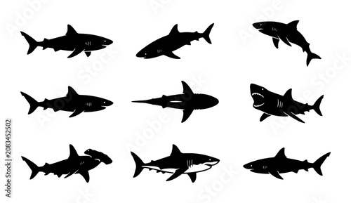 Shark Silhouettes Vector Collection, Marine Predator Icons, Ocean Wildlife Graphics, Underwater Animal Set, Predatory Fish Illustrations