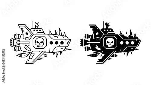 Foto Fantasy Warship Icons: A set of stylized icons featuring a fantasy warship with a skull emblem, equipped with missiles and spikes, presented in both outline and solid black versions