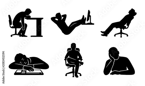 Obraz na płótnie Office Boredom Icons, Tired Worker Silhouettes, Exhausted Employee Poses, Burnou