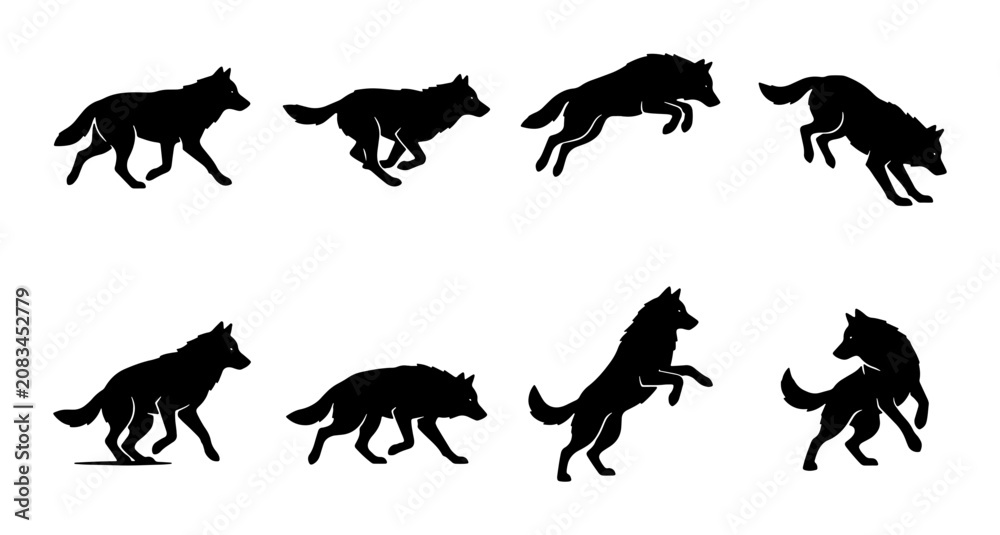 Obraz premium Wolf Silhouette Animation Set, Wild Canine Motion Graphics, Predator Animal Poses Vector Pack, Hunting Dog Action Icons