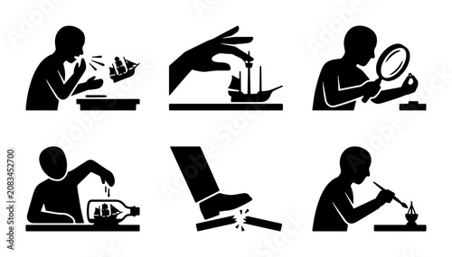 Photos Craftsmanship Icons: Miniature Model Building, Ship in Bottle, Magnifying Glass