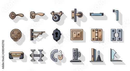 Set of Various Door Hardware and Metal Fittings Icons.