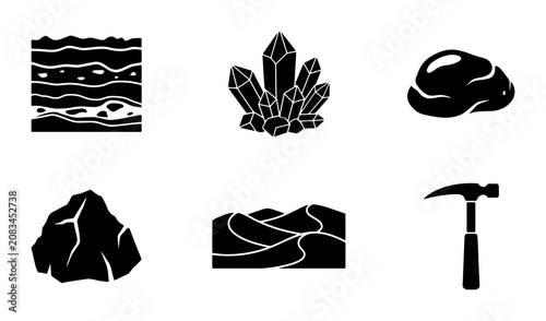 фотографія Geology Icons Set: Rock Layers, Crystals, Pebbles, Minerals, Sand Dunes, Hammer