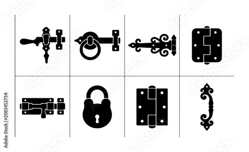 Vintage Hardware Collection: Ornate Hinges, Latches, Padlock, Door Handle Vector Icons for Rustic Design