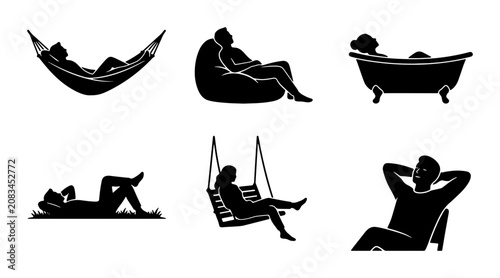 Photos Relaxation Silhouettes: Diverse Poses of People Resting in Hammock, Beanbag, Bat