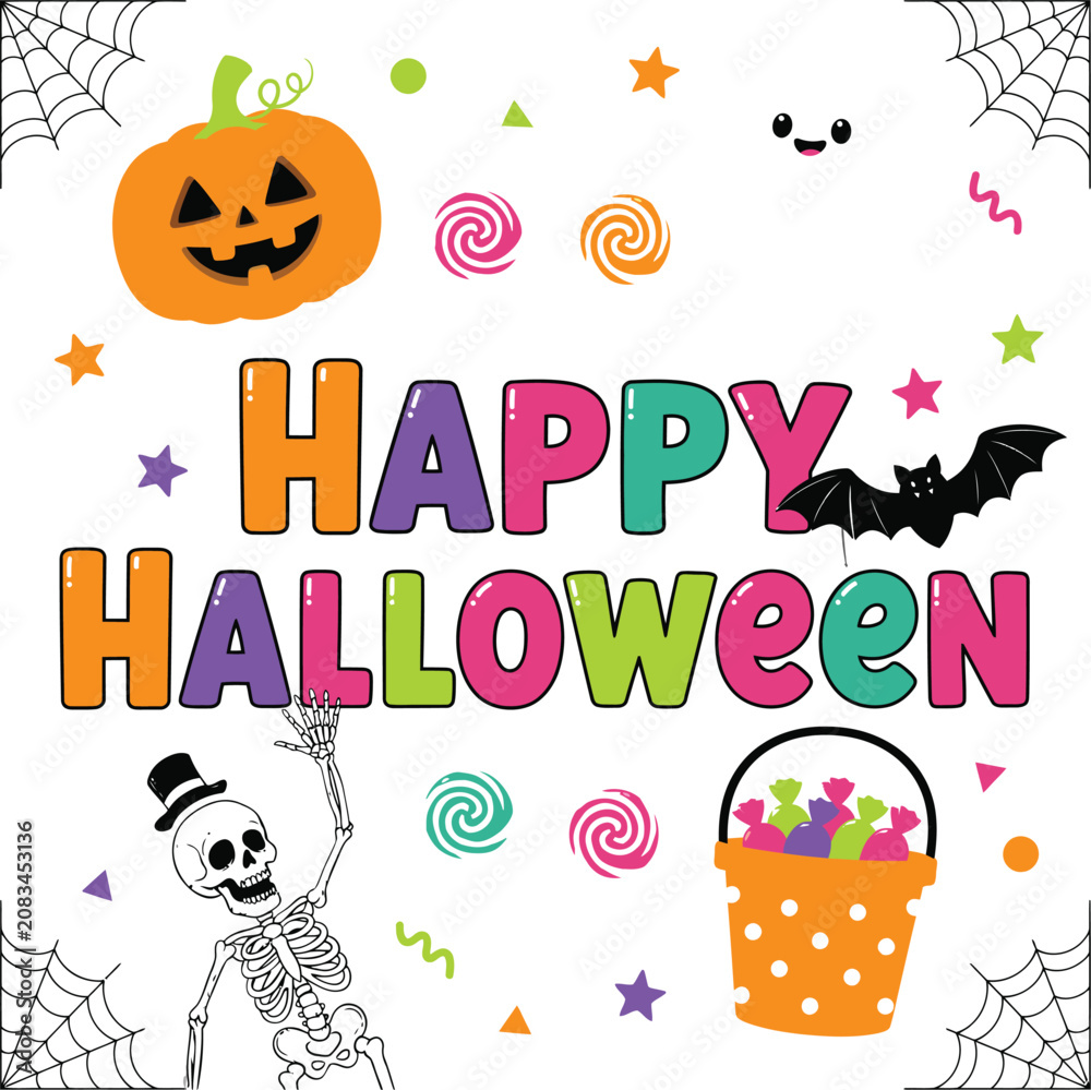 Fototapeta premium Happy halloween illustration with pumpkin skeleton and candy bucket