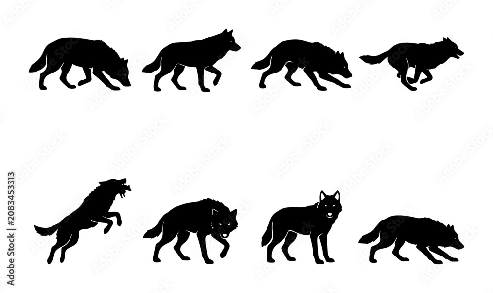 Obraz premium Wolf Silhouette Animation Sequence, Canine Animal Motion Graphics, Wild Predator Vector Art, Black and White Wildlife Icons