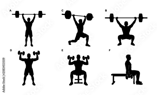 Obraz na płótnie Weightlifting Silhouettes: Six Diverse Exercises for Strength Training, Fitness,