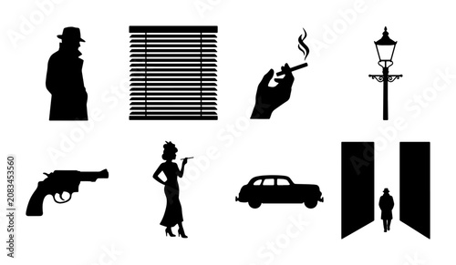 Fotografie Retro Detective Icons, Vintage Noir Silhouettes, Classic Crime Scene Elements, 8