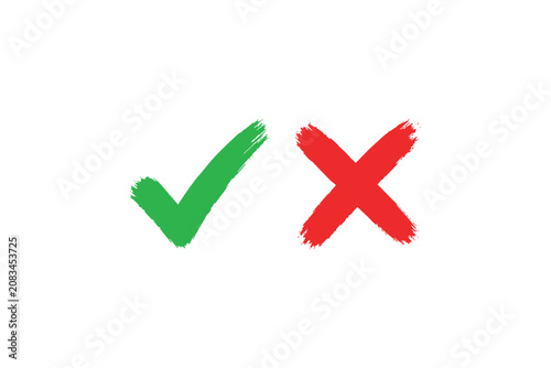 Green check mark and red cross symbols in brushstroke silhouette checkmark tick