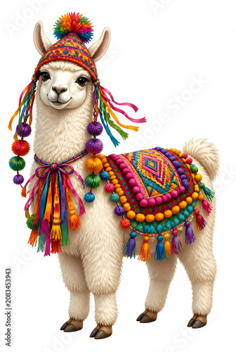 Colorful Decorated White Llama With Traditional Andean Textile Ornaments On Transparent Background