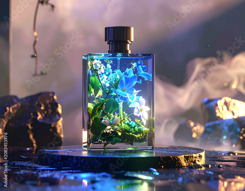 Bioluminescent Botanical Perfume: Mysterious botanical perfume bottle on polished obsidian pedestal with delicate blue flower glowing inside under smoky dramatic light