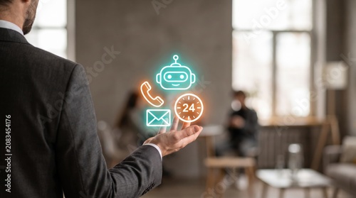 Automated Customer Service Support: Omni Channel CRM Chatbot Assistant, 24 Hours Communication Desk, and Instant Digital Contact Operations Using Neon Tech Icons in Contemporary Corporate Workspace