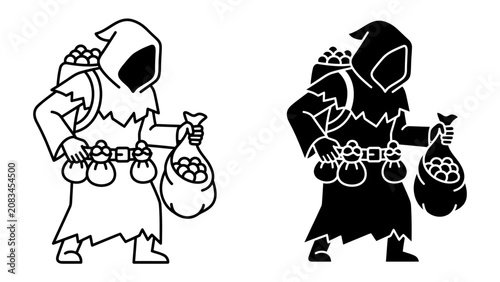 Obraz na plátně Mysterious figure with bags of treasure: A cloaked, hooded figure stands with a sack of treasures and a pouch, evoking a sense of mystery and bounty