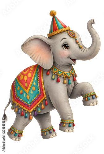 Cute Baby Elephant In Colorful Festive Circus Costume Standing On Transparent Background