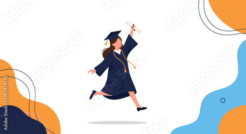 Happy young girl in graduation gown and cap jumping with joy while holding her diploma certificate in the air.