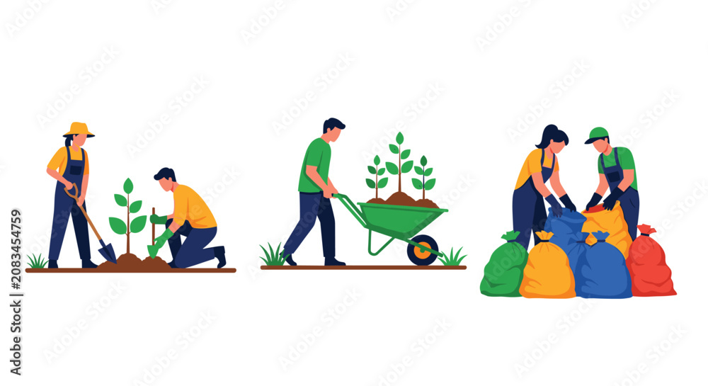 Fototapeta premium People planting trees, moving saplings in a wheelbarrow, and gathering leaves into colorful soil bags.
