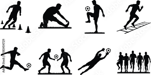 Soccer training and football player silhouettes set with agility drills kicking stretching and goalkeeper diving