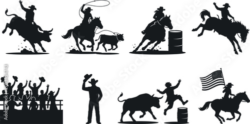 Rodeo Silhouette Icon Set Featuring Bull Riding, Barrel Racing, Roping, and Western Performance Scenes
