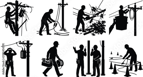 Utility Workers Silhouette Set Performing Electrical Line Construction and Power Infrastructure Maintenance