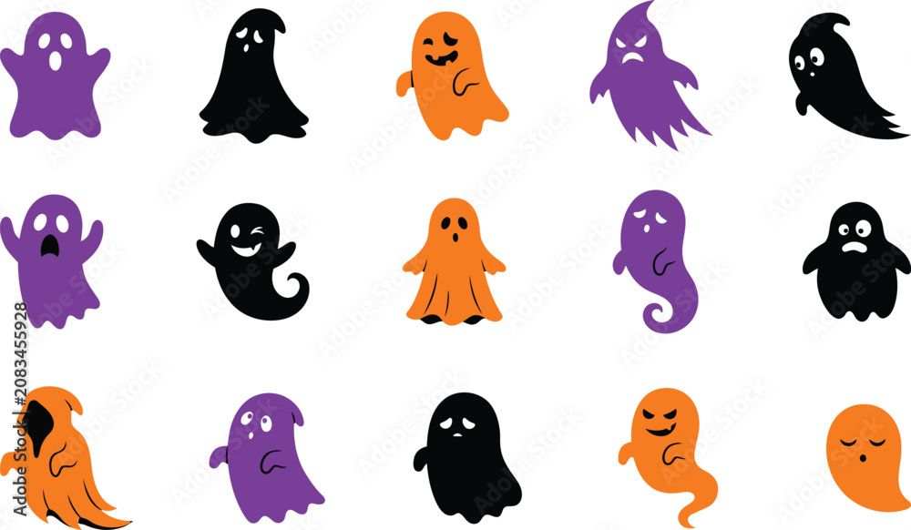 Fototapeta premium Halloween ghosts a spooky collection of cartoon ghosts for halloween decorations and party supplies
