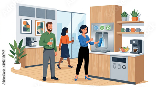 Two colleagues in a modern office kitchen observe a woman using a water dispenser with a recycling bin nearby, conveying a sustainable and communal workplace atmosphere