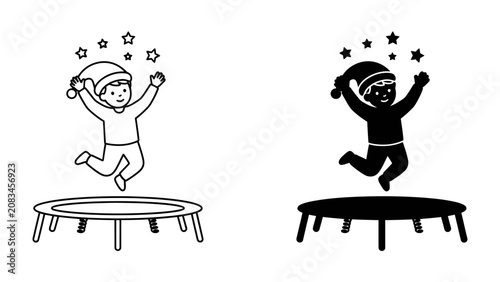 Εκτύπωση καμβά Joyful Jump: A child wearing a festive hat happily bounces on a trampoline, surrounded by twinkling stars, depicted in both line art and silhouette