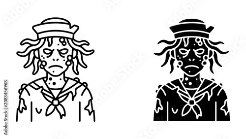 Obraz na plátně Creepy Sailor Icon: A stylized, spooky sailor character with dreadlock hair and a sailor hat, depicted in both line art and silhouette, embodying a haunting aesthetic