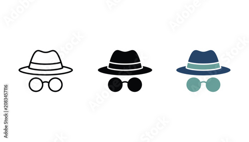 Bild auf Leinwand Incognito hat and glasses icon set in three styles including outline and solid b